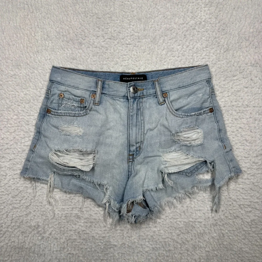 Aeropostale Shorts Blue Denim Vintage High Rise Shorty Distressed Size 2